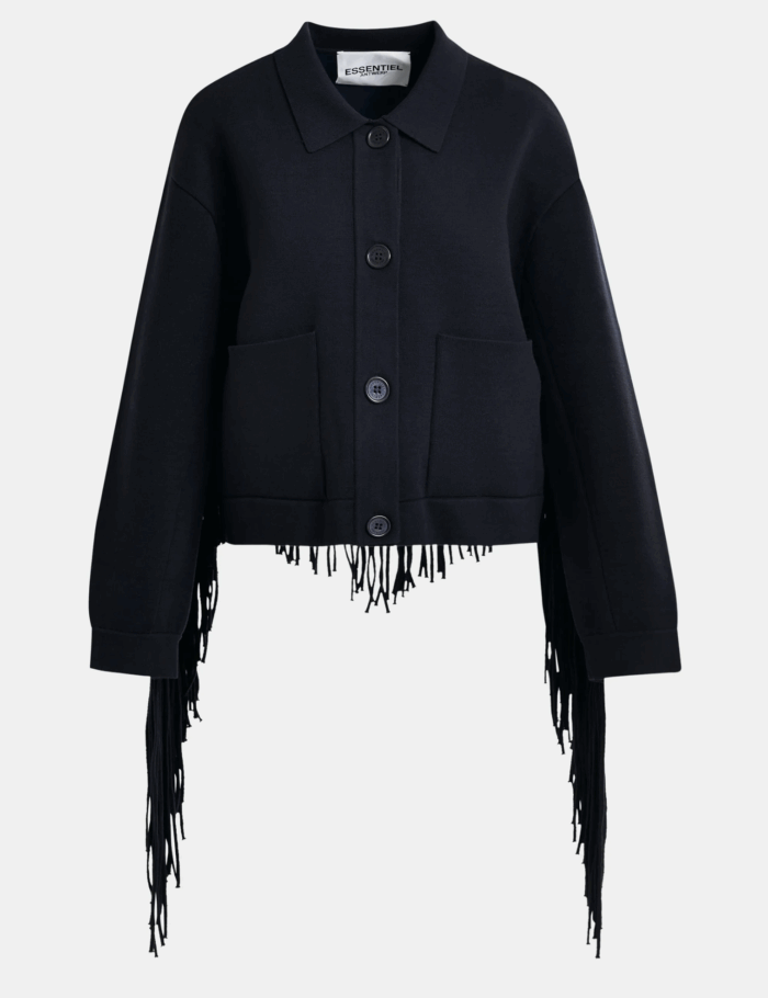 Veste Courte en Maille Bleu Marine à Franges