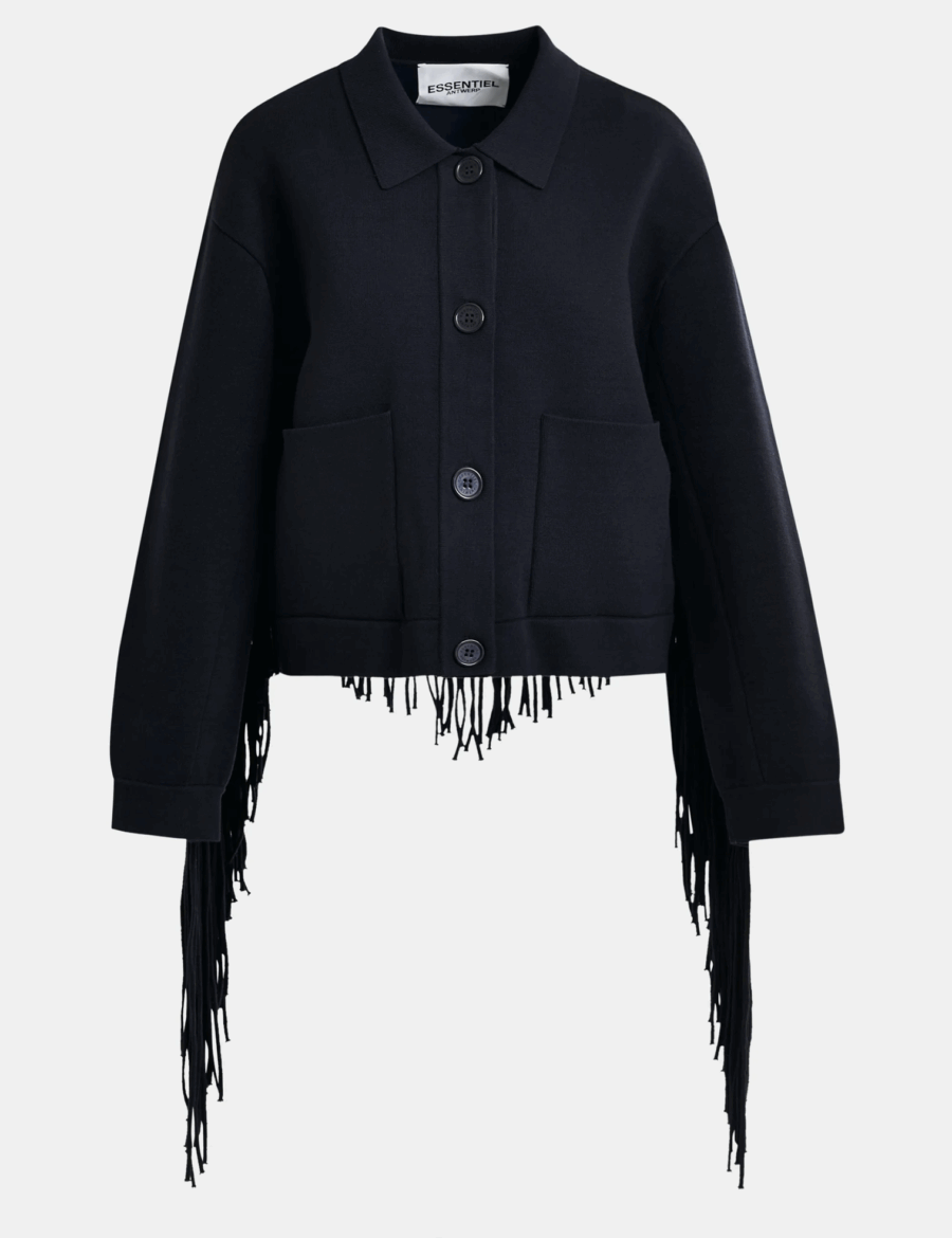 Veste Courte en Maille Bleu Marine à Franges