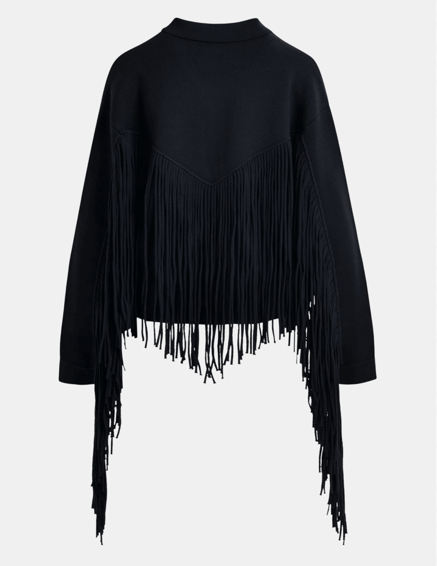 Veste Courte en Maille Bleu Marine à Franges – Image 2