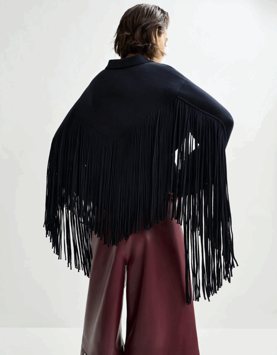 Veste Courte en Maille Bleu Marine à Franges – Image 5