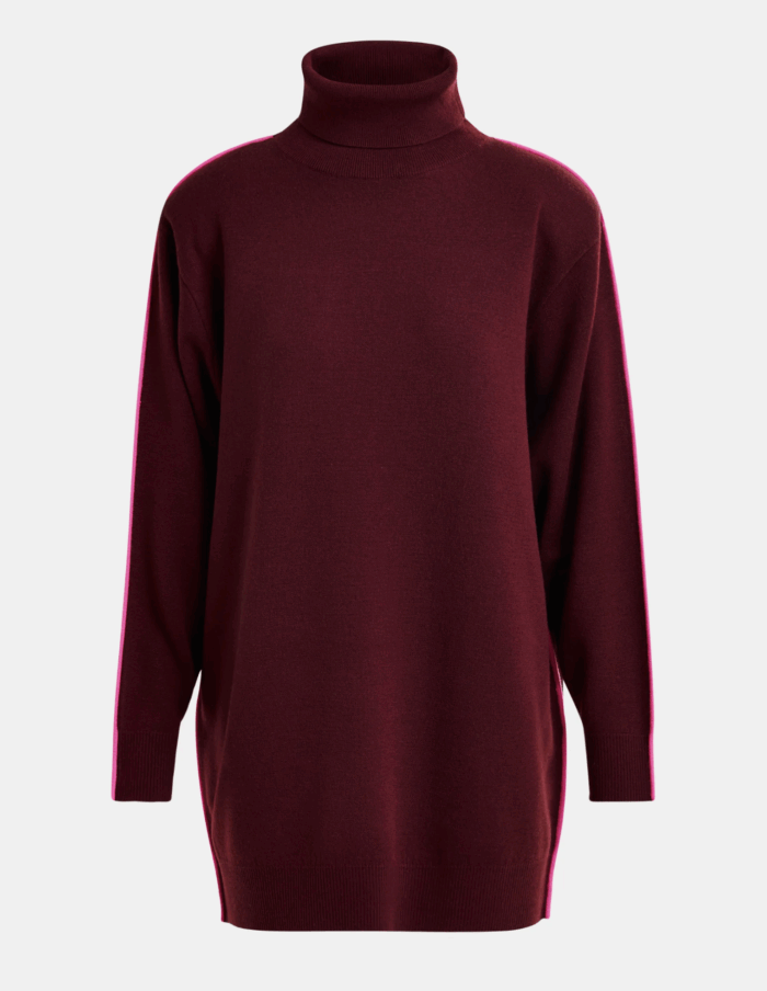 Mini Robe à Col Roulé et Rayure Bordeaux et Rose