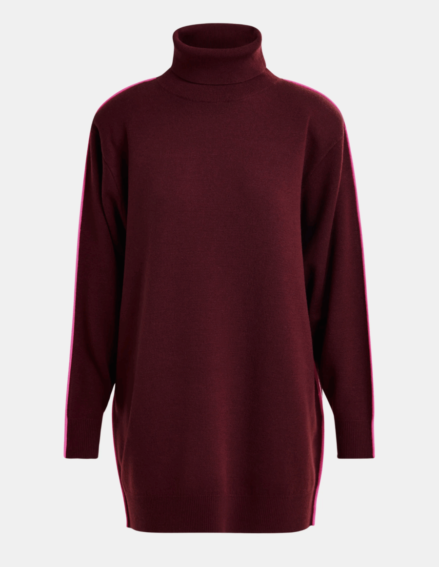 Mini Robe à Col Roulé et Rayure Bordeaux et Rose