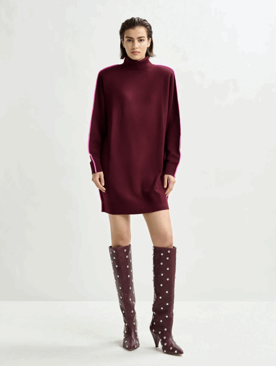 Mini Robe à Col Roulé et Rayure Bordeaux et Rose – Image 2