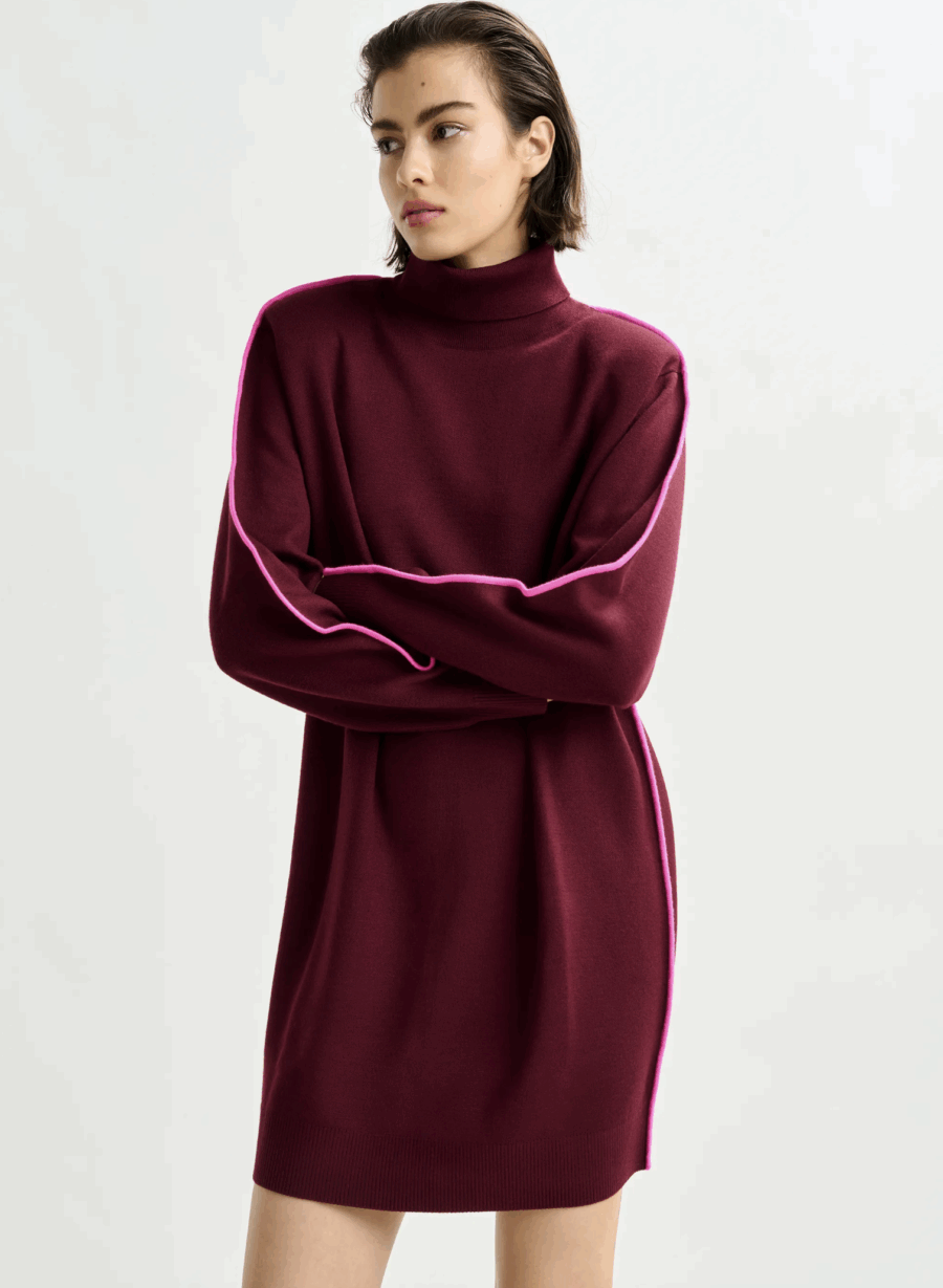 Mini Robe à Col Roulé et Rayure Bordeaux et Rose – Image 4
