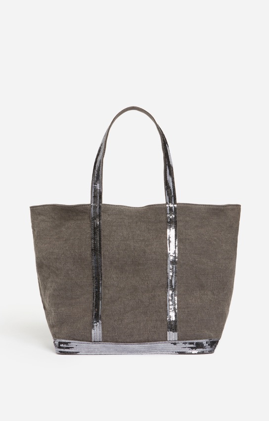 Cabas L en lin et paillettes granit