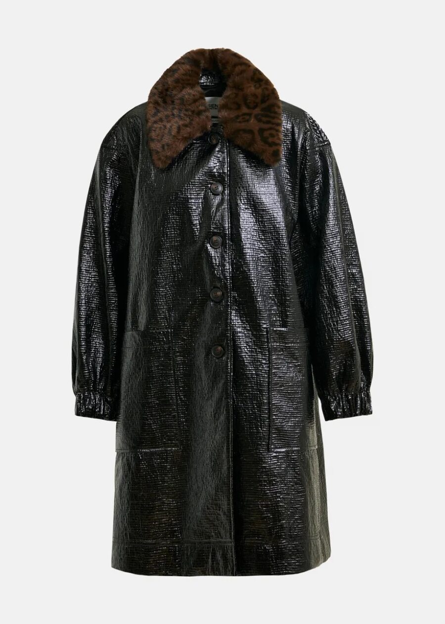 Manteau noir brillant col léopard – Image 3