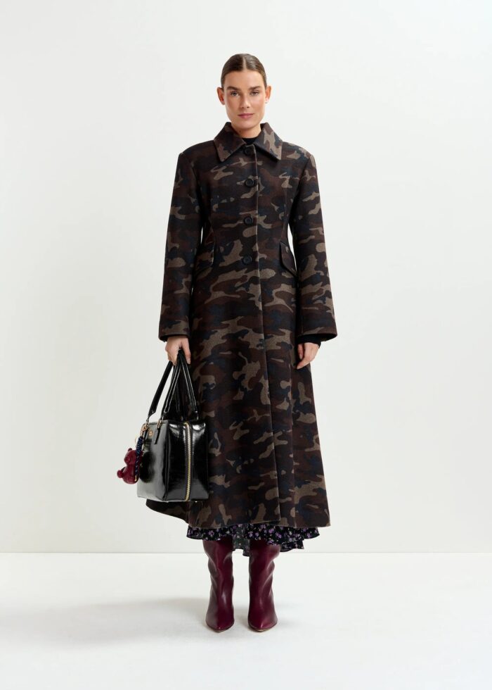 Manteau long en laine camo navy/marron