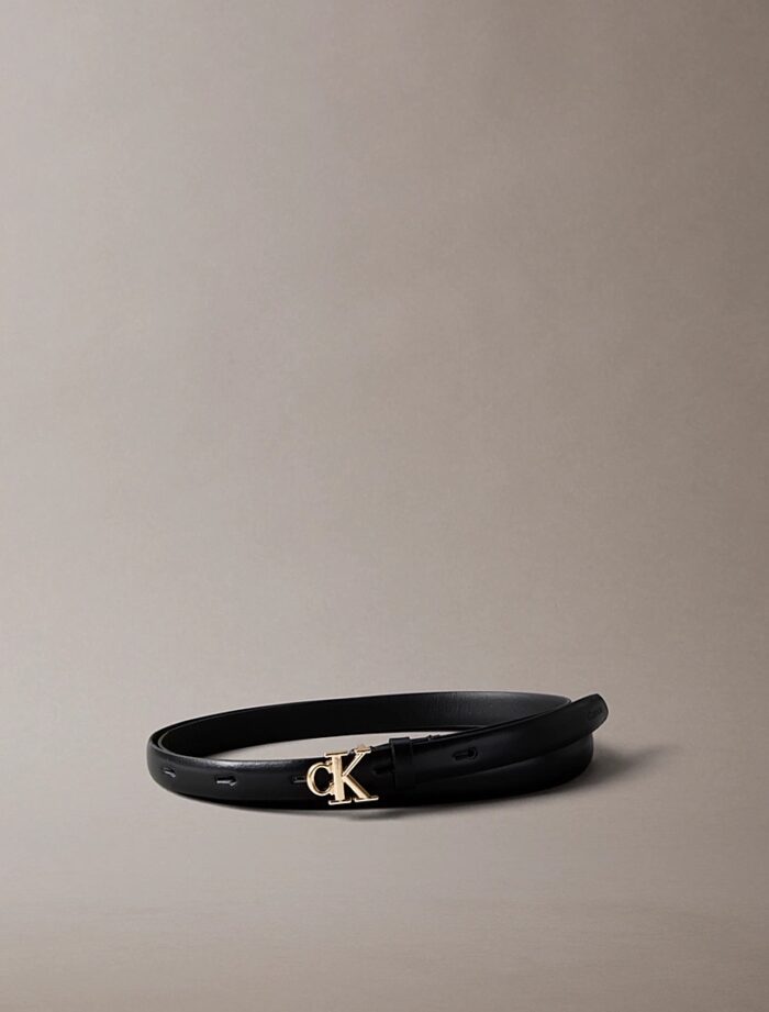 Ceinture fine en cuir noir avec logo or