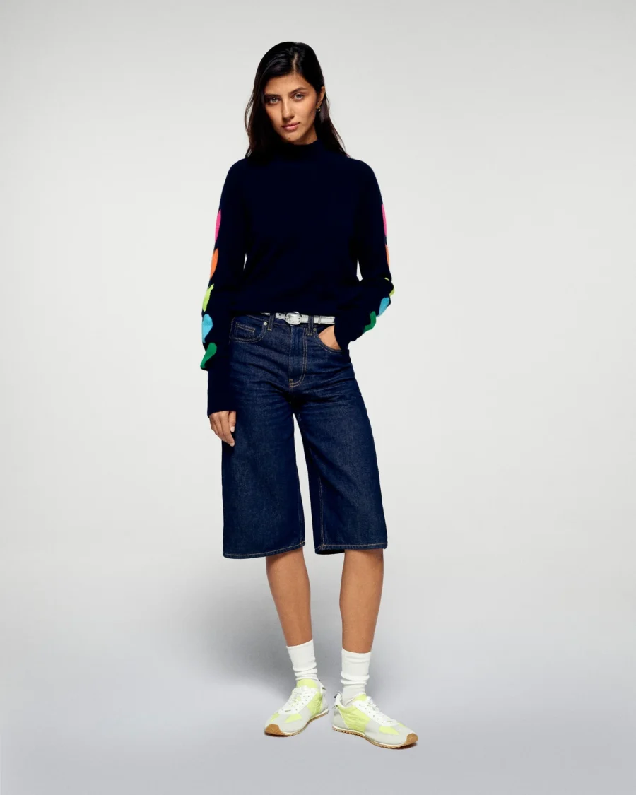 Pull col montant manches coeurs léger navy – Image 2