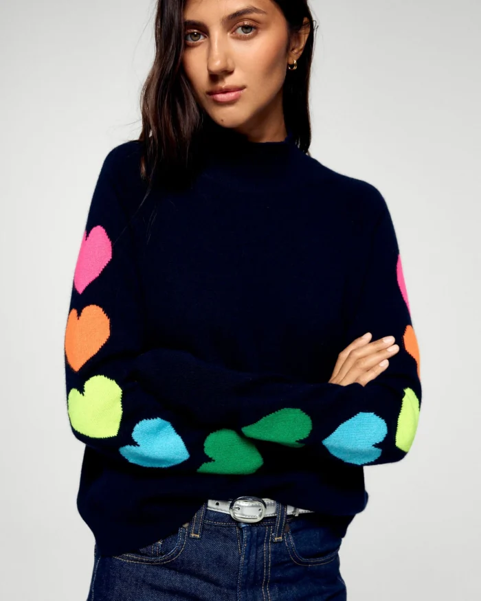 Pull col montant manches coeurs léger navy
