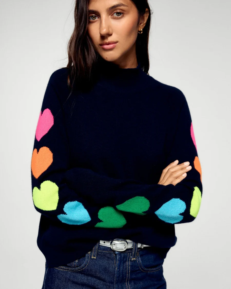 Pull col montant manches coeurs léger navy