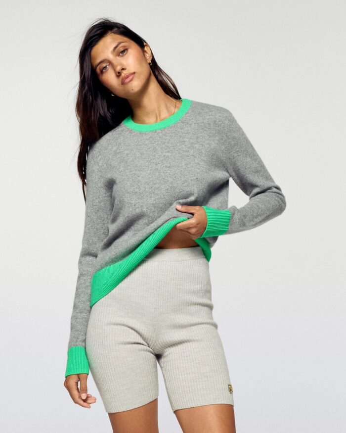 Pull col rond bicolore léger gris chine fonce