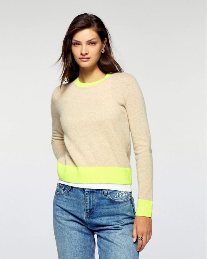 Pull col rond bicolore leger beige chine